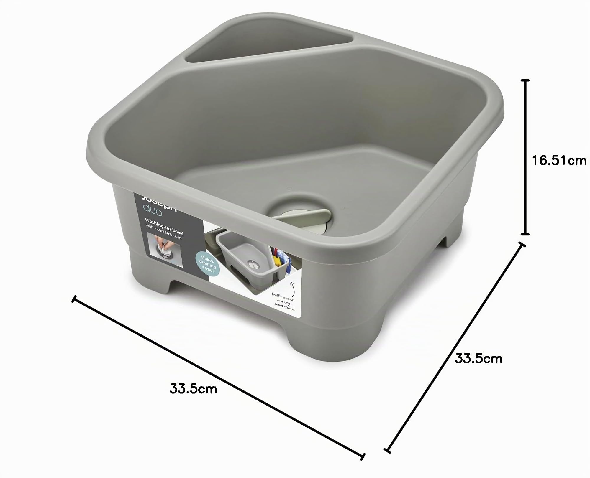 Joseph Joseph Duo Bol à Vaisselle carré pour lavabo de Cuisine avec Compartiment à Couverts, éponges et brosses, Gris