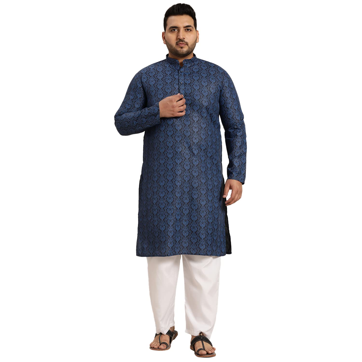 PLUS (Since 1958) Men's Cotton Blend Navy Blue and Black Printed Kurta and White Pyjama Set-image-21