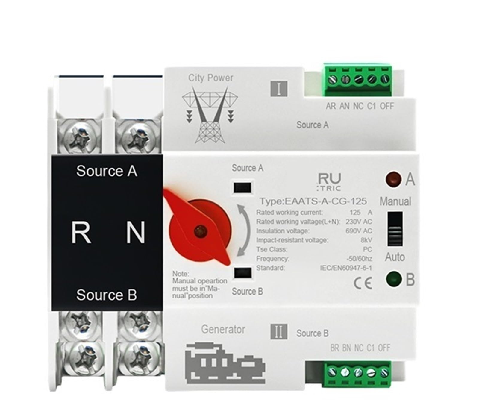 Rail ATS PV 2P 4P 125A AC 230V 110V Interruttore di trasferimento automatico a doppia alimentazione Interruttori di selezione elettrica Alimentazione ininterrotta