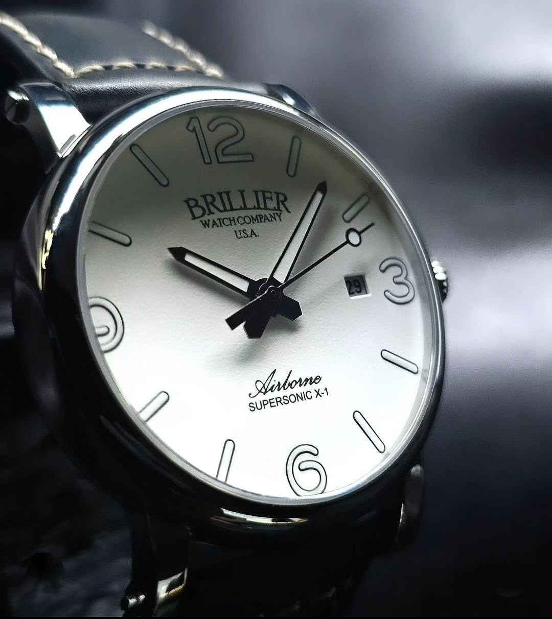 Brillier Men's 42 mm Automatic Dress Watch, Airborne X1, 660 ft WR, Easy to Read White DIAL(Green Glow in Dark), Blue Leather Strap ARBN42GR3