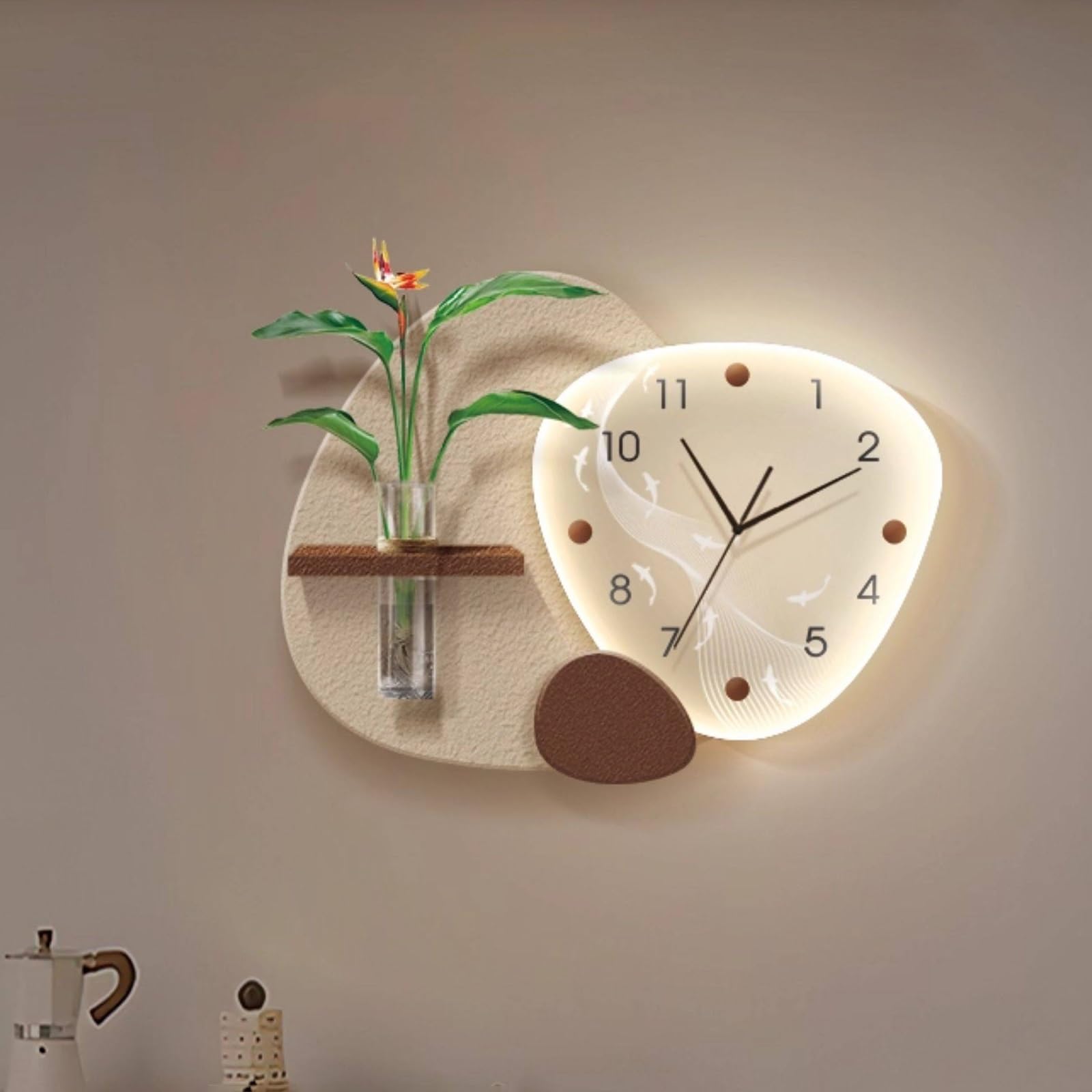 ITOSUI Modern Art Decor Clock with 3D Glass Vase,Stylish Creative Wall Art for Living Room,Silent Non-Ticking Decorative Wall Clocks,for Living Room Bedroom Dining Room(Beige With Light,15.7x11.8in)