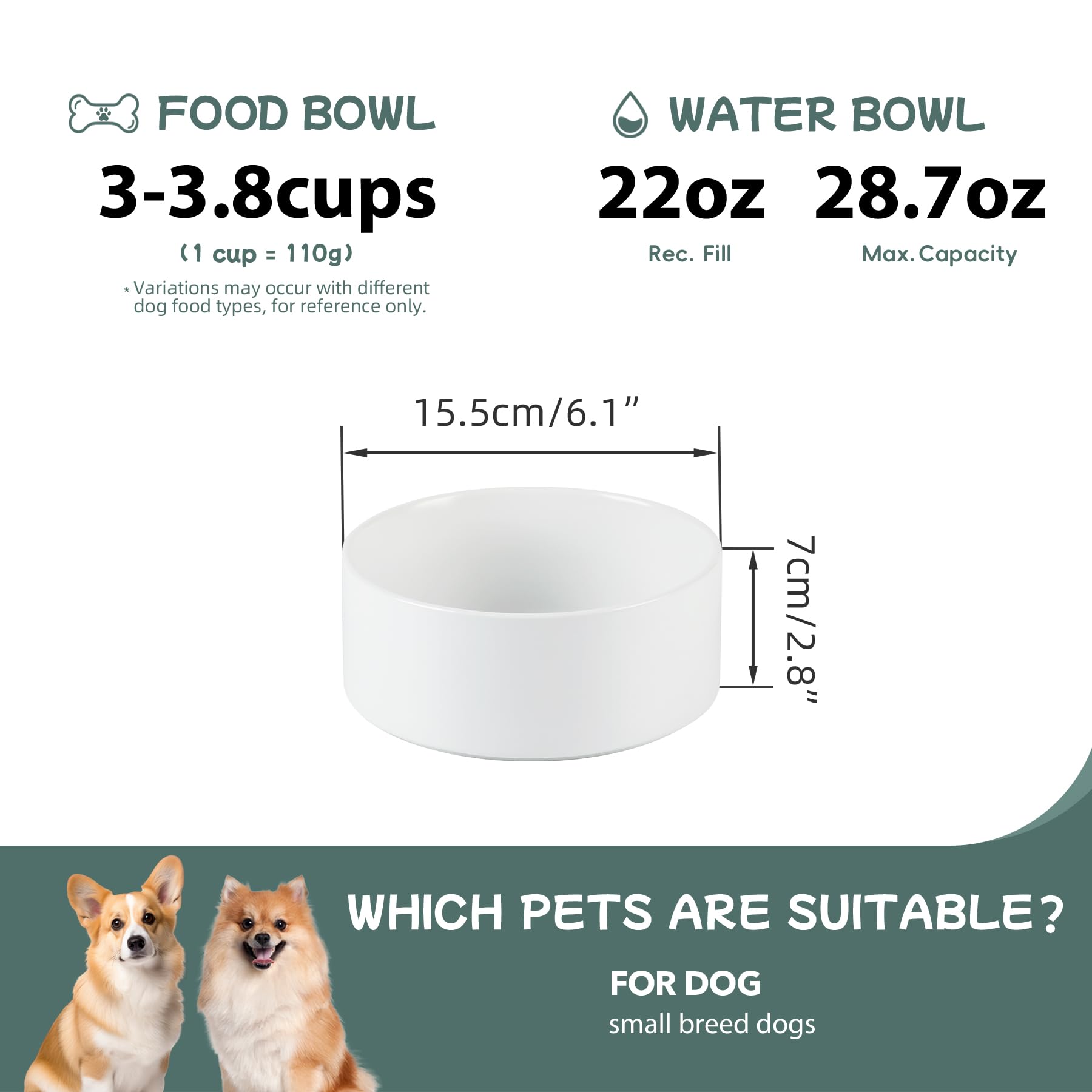 Havniva Cuenco Elevado de cerámica para Perros con Soporte Antideslizante para Perros medianos y Grandes, comedero y Agua (Cuenco de 850 ml, Blanco)