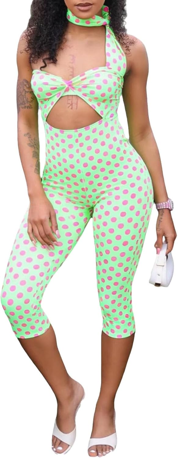 Molilove Women's Polka Dot Jumpsuits Sexy Halter Neck Cut Out Backless Bodycon Capri Romper with Headband Going Out Outfits