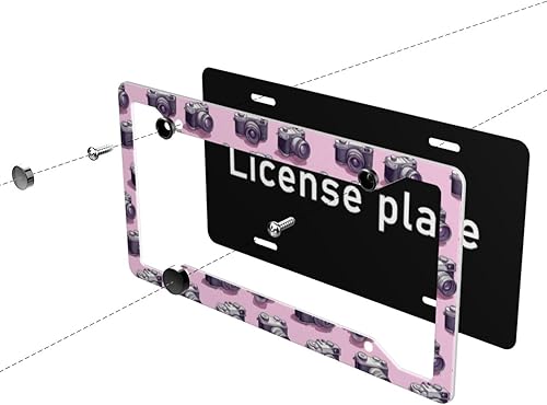 Miniatura 5 de 2 marcos de matrícula de automóvil para mujeres y hombres, cubierta de aluminio sólido con estampado de cámara vintage rosa para placa de matrícula