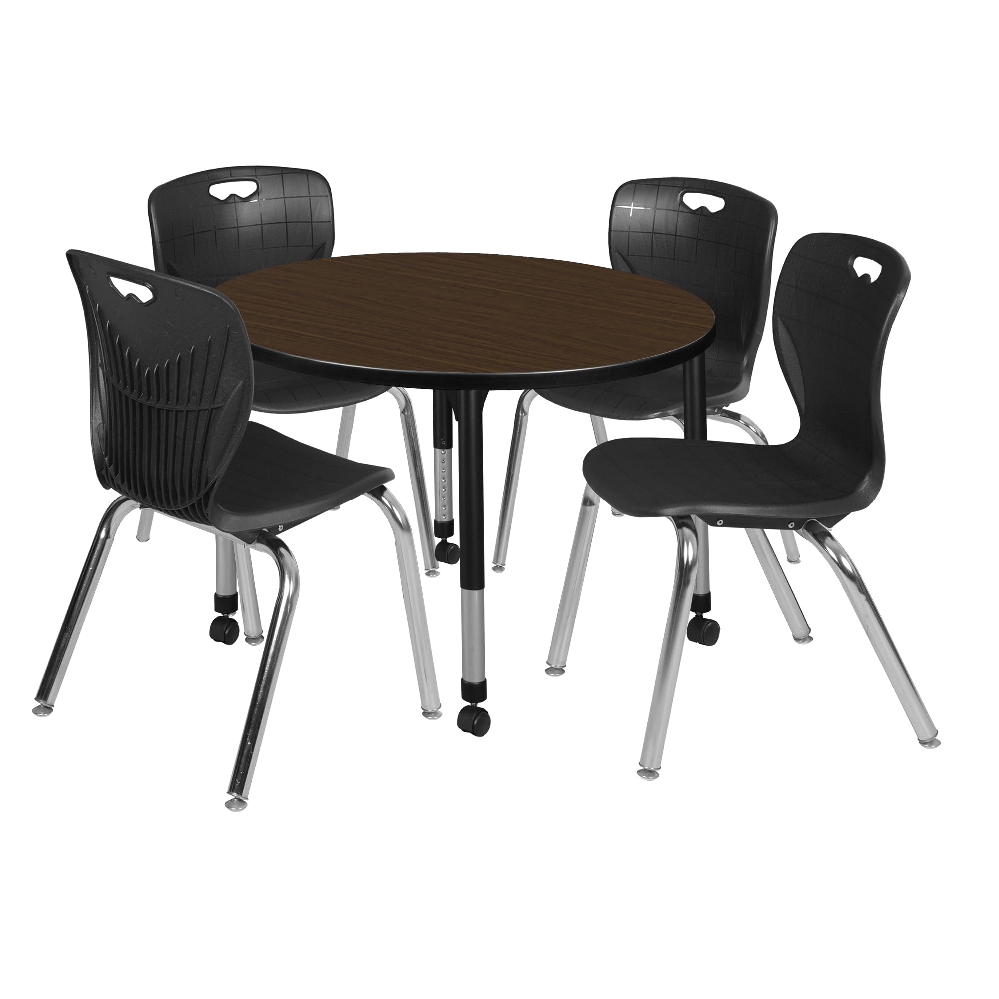 Regency Kee 42 in. Round Mobile Adjustable Classroom Table- Neo Walnut Top, Black Base & 4 Andy 18 in. Black Stack Chairs