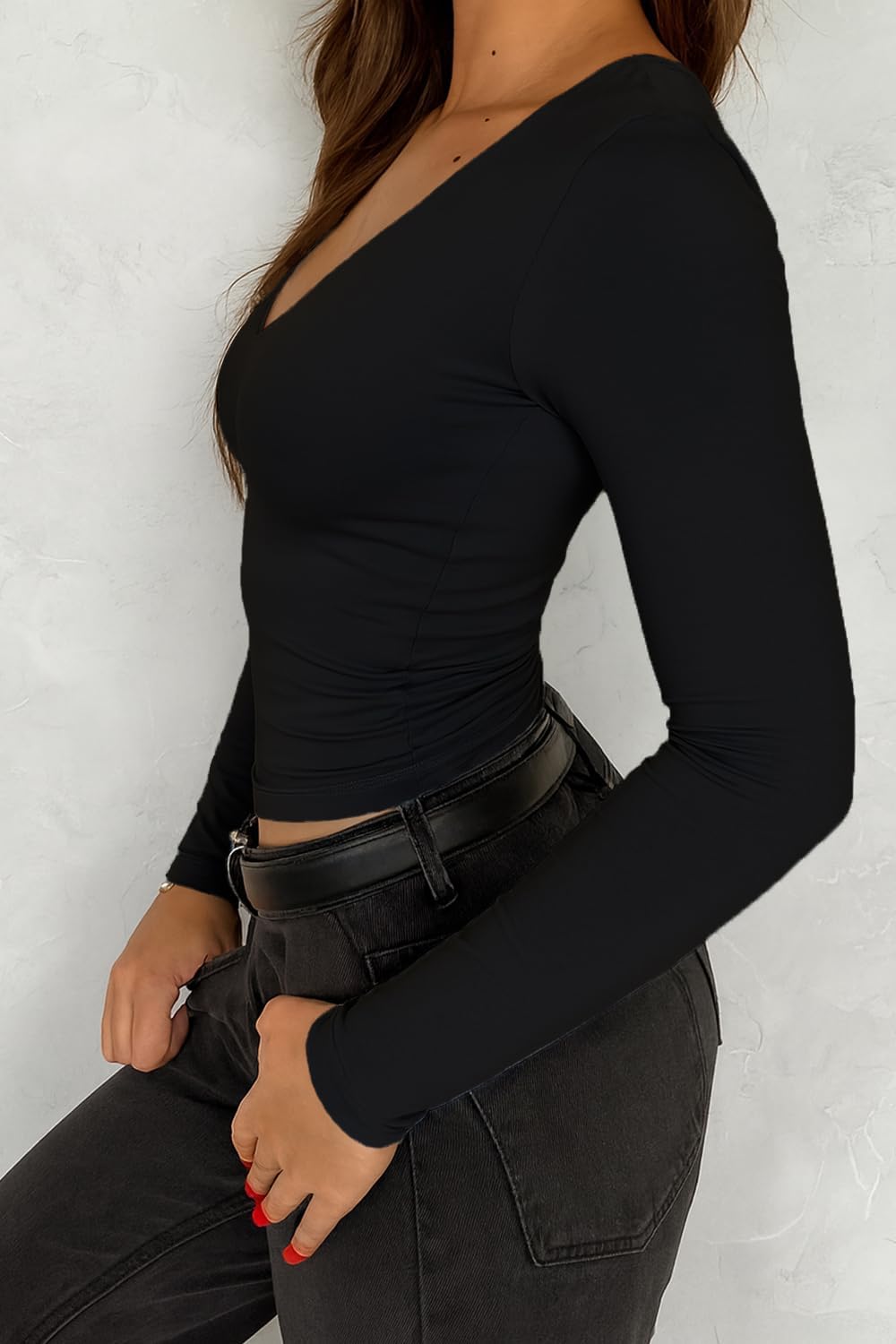 Long Sleeve Shirt for Women V Neck Going Out Top Double Lined Tight T Shirts - Image 3