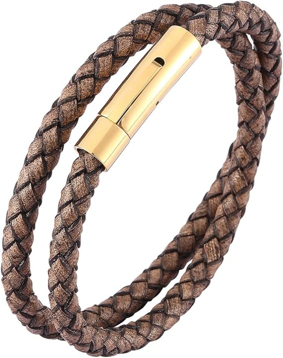 Amazon Rockyu ブレスレット メンズ レディース 本革 レザー ステンレス イエロー 二連 磁気ボタン 編み込みブレスレット ニューヨークスタイル 新学期 プレゼント ファッション アクセサリー ブレスレット 通販