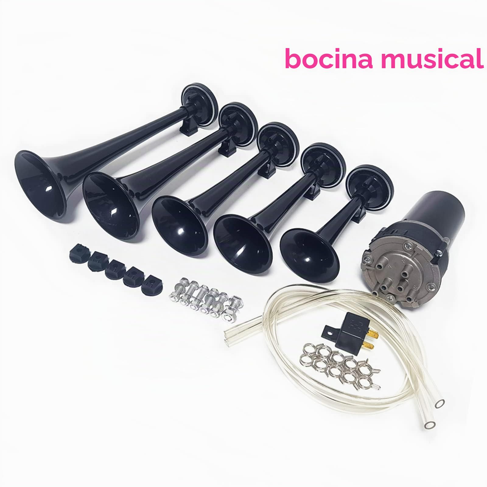 Bocina de aire Bocina de coche 12V Bocina de camión Bocina de música 160db Car Horn Trompeta de cinco tubos Bocina eléctrica Dixie Bocina negra con bomba de aire para 12V coche barco SUV etc