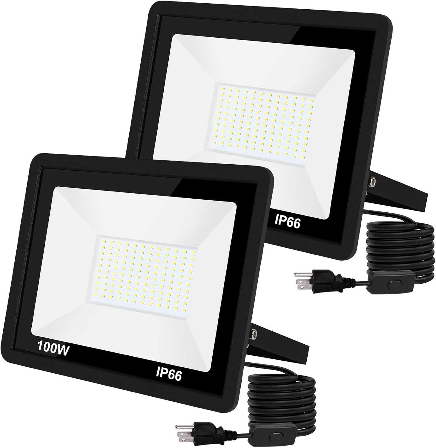 LED Flood Light Outdoor,100W LED Work Light with ON/Off Switch Plug in Security Lights IP66 Waterproof 6500K 2Pack Portable Exteriores Floodlights for Yard Garage Stadium Garden Patio