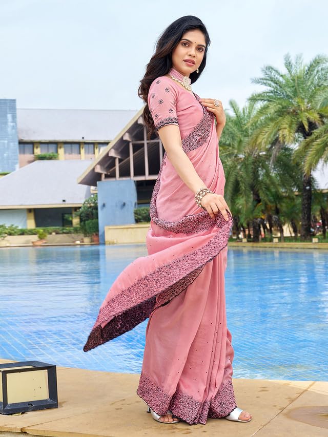 Satrani Women's Art Silk Dyed & Embroidery & Stone Work Saree With Unstitched Blouse Piece (3351S369N_Light Pink)