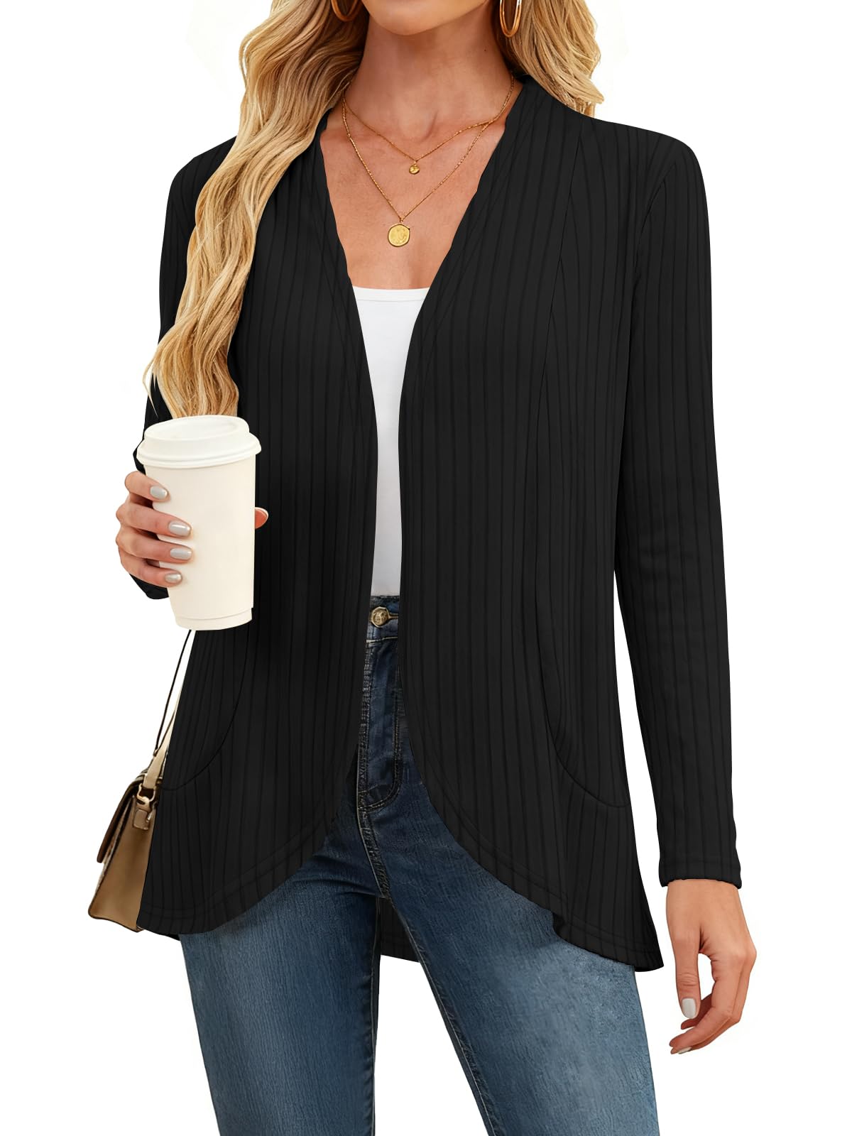 DouBCQ Womens Long Sleeve Cardigan Lightweight Casual Open Front Ribbed Knit Sweater Cardigans