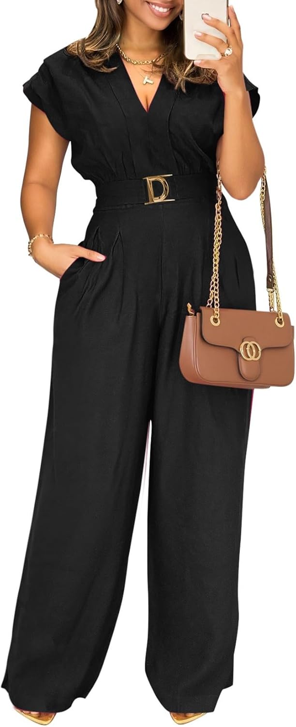 Pink Queen Jumpsuits for Women Dressy V Neck Short Sleeve Wide Leg Rompers Business Casual One Piece Outfits