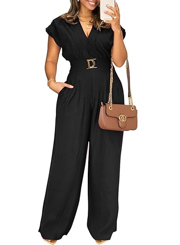 Jumpsuits for Women Dressy V Neck Short Sleeve Wide Leg