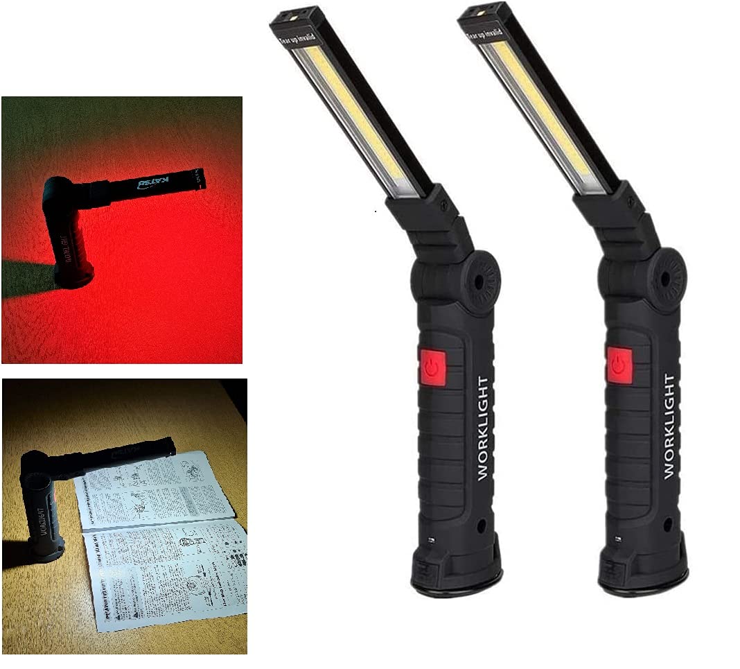 KATSU Linterna Taller LED Recargable 2 Piezas, Linterna de Trabajo 360° Rotate 5 Modos Lámpara de Inspección, Portátil Linterna con Base Magnética y Gancho para Taller Cámping Emergencia