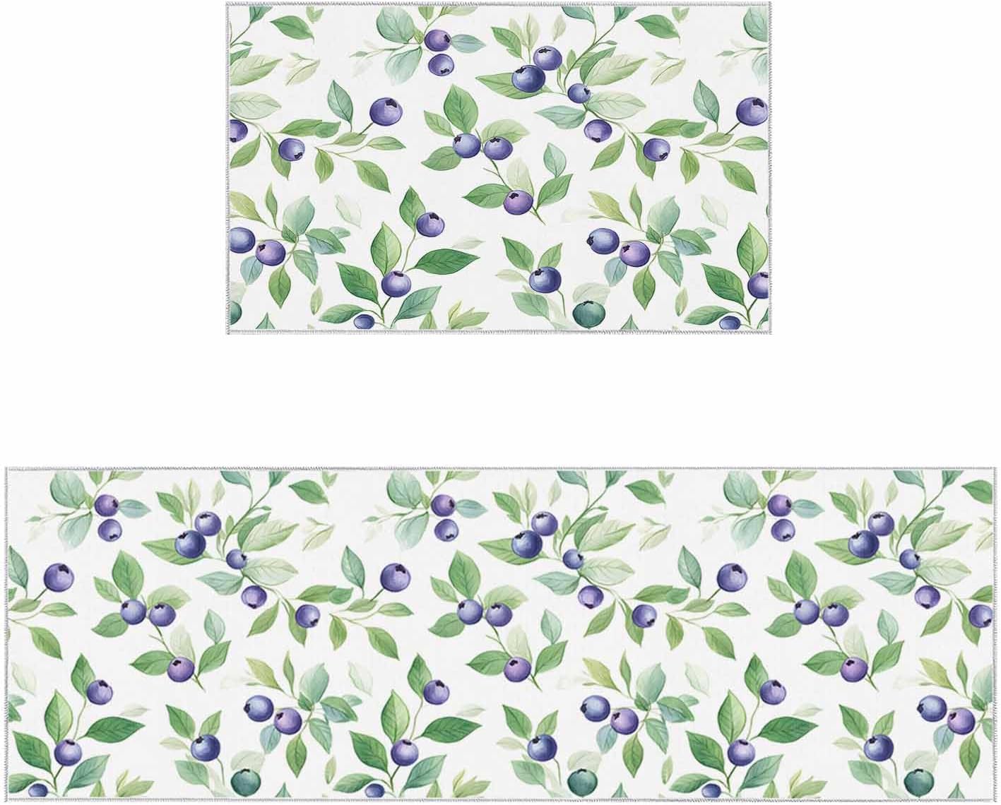 2 Pieces Kitchen Rugs and Mats,Watercolor Farm Blueberry Leaf Area Runner Rug Set Non Slip Floor Doormat Washable Carpet Standing Mat for Kitchen Sink Indoor Corridor,Rustic Fruit Plant Theme