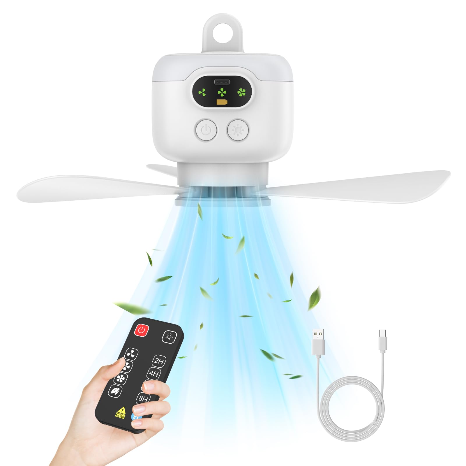UOAESR Portable Camping Fan with LED Light, 8000mAh Battery Powered Hanging Tent Fan, Up to 10H, 2 Speeds, Rechargeable Portable Outdoor Ceiling Fan with Remote Control for Tent Patio Travel