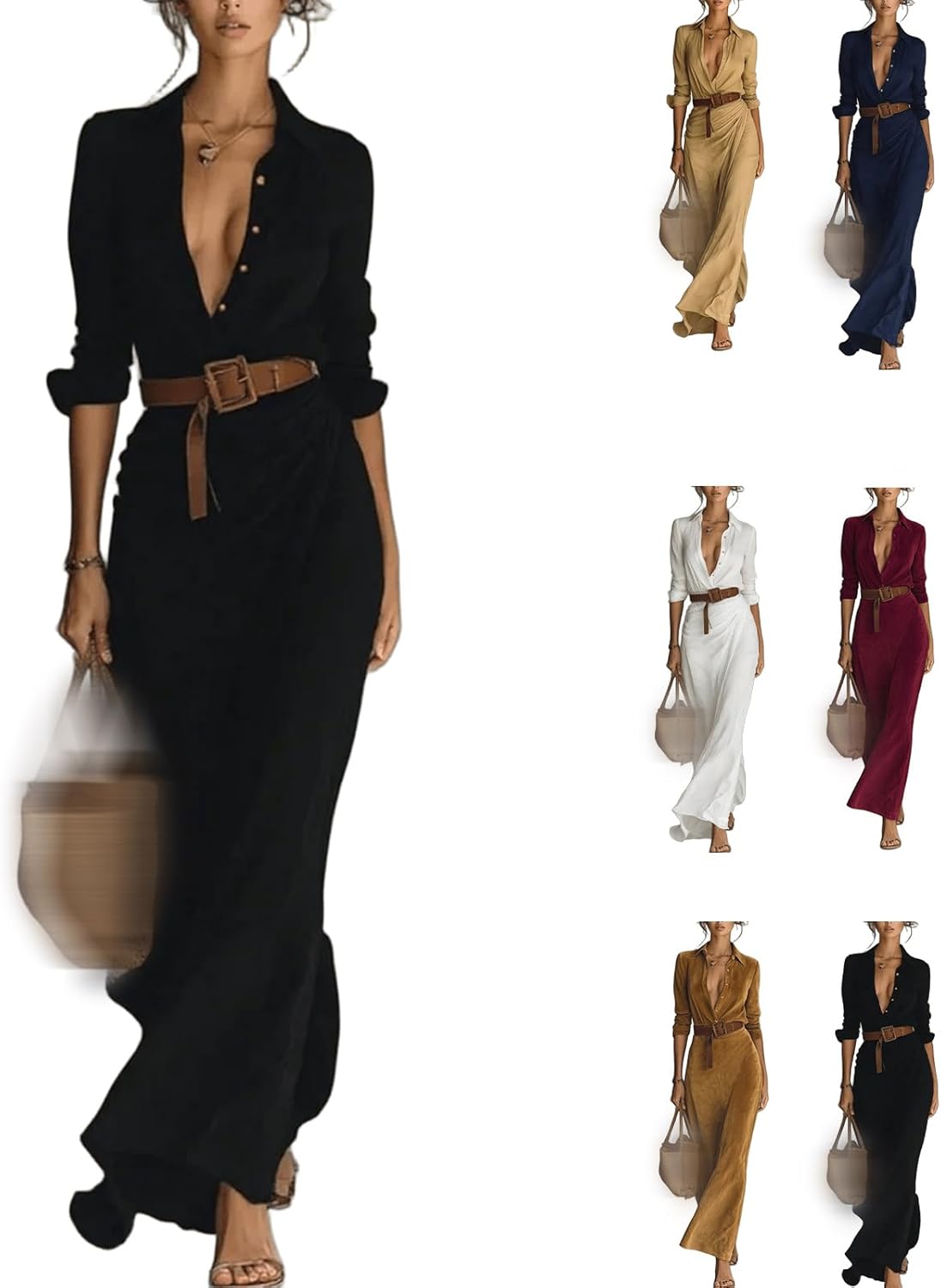 Women's Long Sleeve Lapel Button Suede Bodycon Sexy Fall Long Sleeve Lapel Button Maxi Shirt Dress with Belt