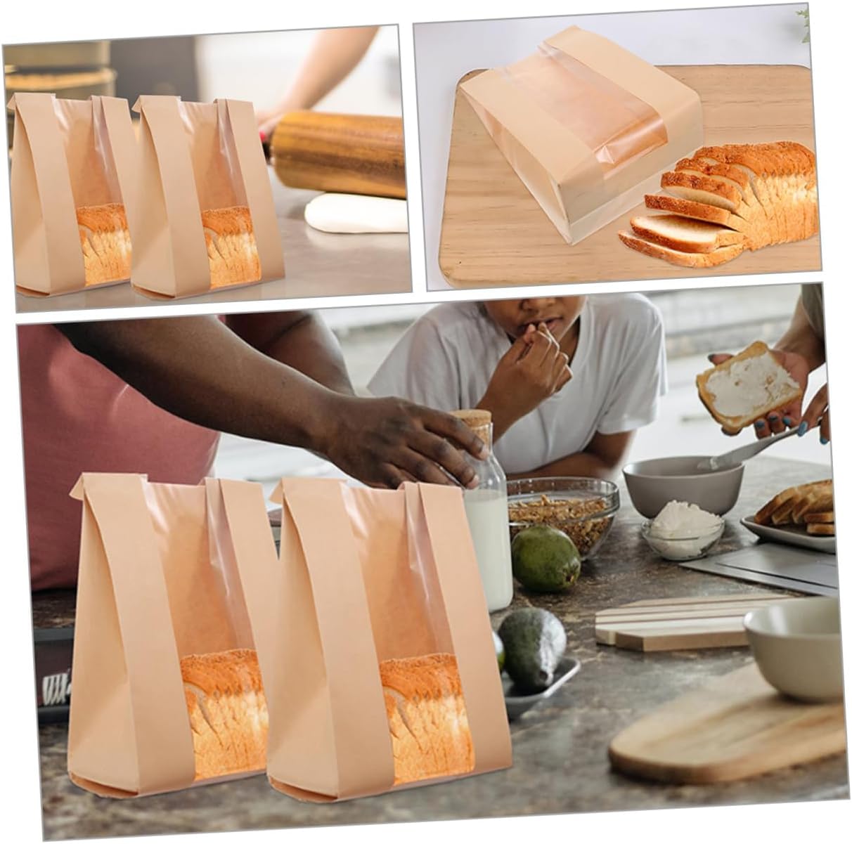 ULTECHNOVO 100pcs Kraft Paper Bread Bags Window Food-grade Bakery Pouches for Toast and Cookies for Goods Storage and Display