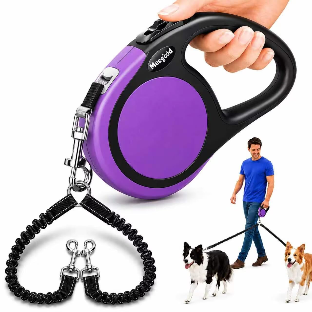 Double Retractable Dog Leash for Two Dogs Up to 115 lbs - 18.6 ft Coupler Leashes for Small Medium Dogs - One Locked System, Non Slip Grip, Tangle Free โ image 1