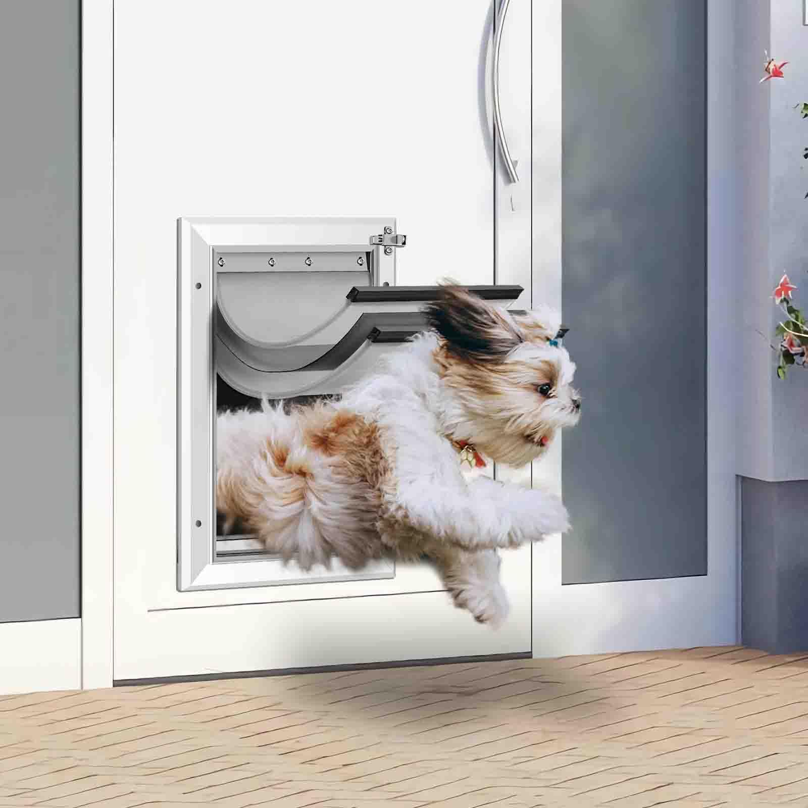 [petoasis] 3-flaps heavy-duty dog door, rust proof aluminum alloy frame, extreme weather dog door can block wind, snow, and rainwater intrusion (silvery white, large for door)