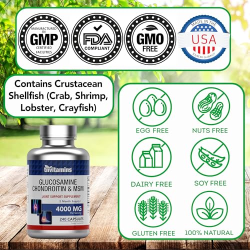 Image of tnvitamins Glucosamine Chondroitin MSM Capsules, 240 Count | 4,000 mg Per Serving | 2,000 mg Glucosamine Sulfate 2KCl + 2,000 mg MSM & Chondroitin Blend | Joint Support Supplement