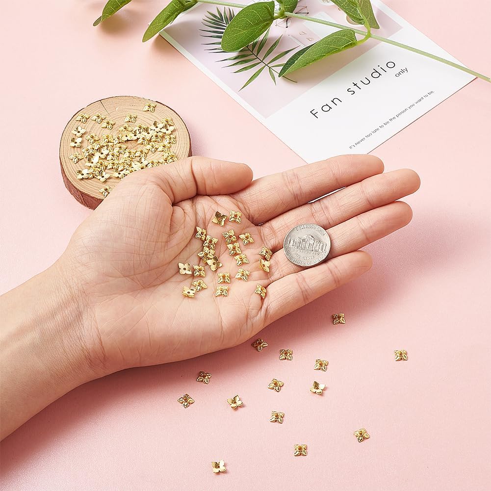 Elecrelive 200Pcs Gold Plated Flower Bead Cap 6mm Alloy Spacer Bead Bails End Charm Tassel Caps for Necklace Bracelet Earring Jewelry Supplies