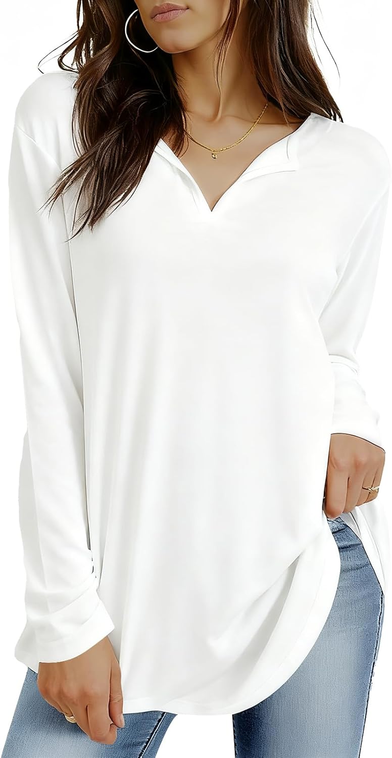 Tankaneo Womens Long Sleeve Tunic Tops V Neck Dressy Casual T-Shirts Loose Fit Curved Hem Blouse Tees