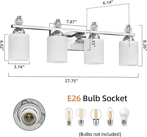Miniatura 5 de Lámparas de tocador de baño de vidrio blanco, 4 luces cromadas de mediados de siglo, modernas luces de tocador para espejo de baño, pasillo, enchufe