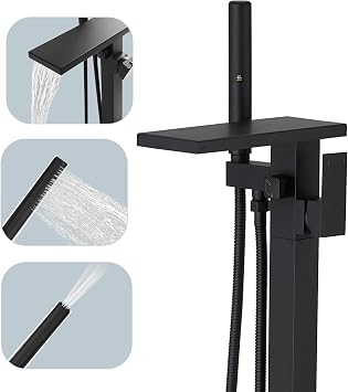 Hoimpro Tub Filler Freestanding Bathtub Faucet Matte Black Floor Mount Tub Faucet Waterfall Free Standing Bathtub Filler High Flow Brass Bath Shower Faucets with Handheld Sprayer