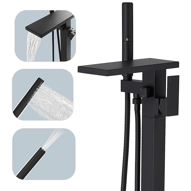 Hoimpro Tub Filler Freestanding Bathtub Faucet Matte Black Floor Mount Tub Faucet Waterfall Free Standing Bathtub Filler High