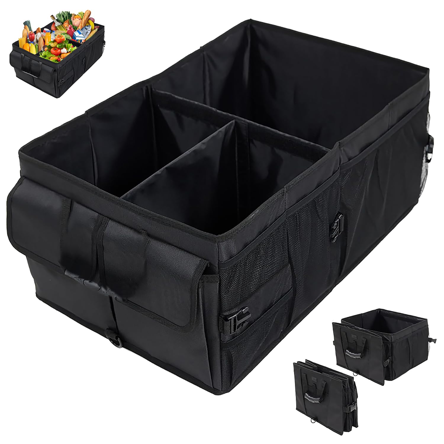 Gluckluz Car Trunk Organizer Storage Box Foldable Auto Cargo Container Bag Boot Organizer with 8 Mesh Pocket for SUV Van Vehicle Camping Picnic Garage (Black)