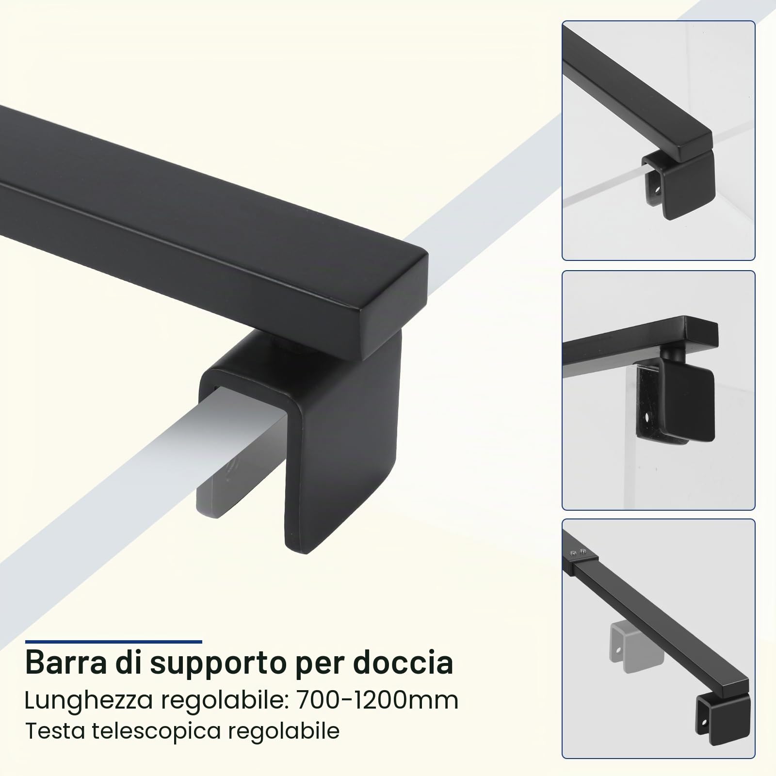 SVNR - Barra di supporto telescopica regolabile in acciaio inossidabile per pannello doccia, 700mm-1200mm, spessore vetro 6-10mm (Nero Opaco Quadrato)