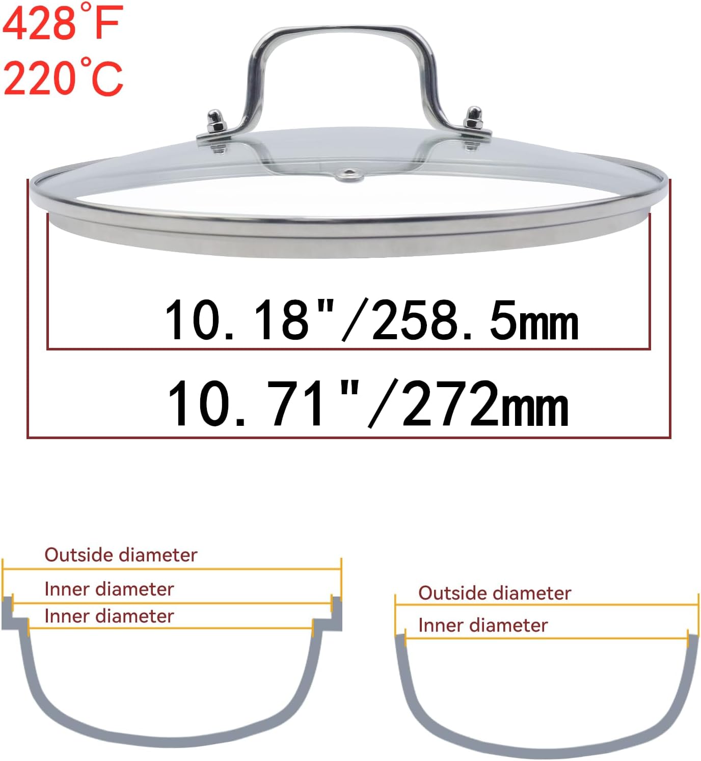 10.5 Inch Clear Glass Pot Lid for Frying Pan Replacement Cover Can Withstand 428°F (220℃) with Stainless Steel Arch Bridge Handle,Polished Silver