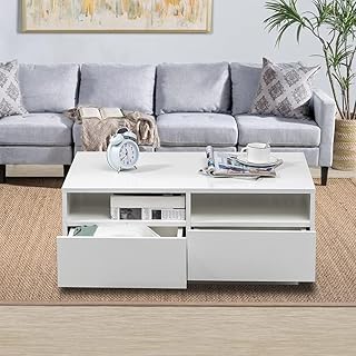 Tavolino da salotto dal design moderno, tavolino bianco lucido, con 4 cassetti e 2 scomparti aperti, tavolino per soggiorno e ufficio