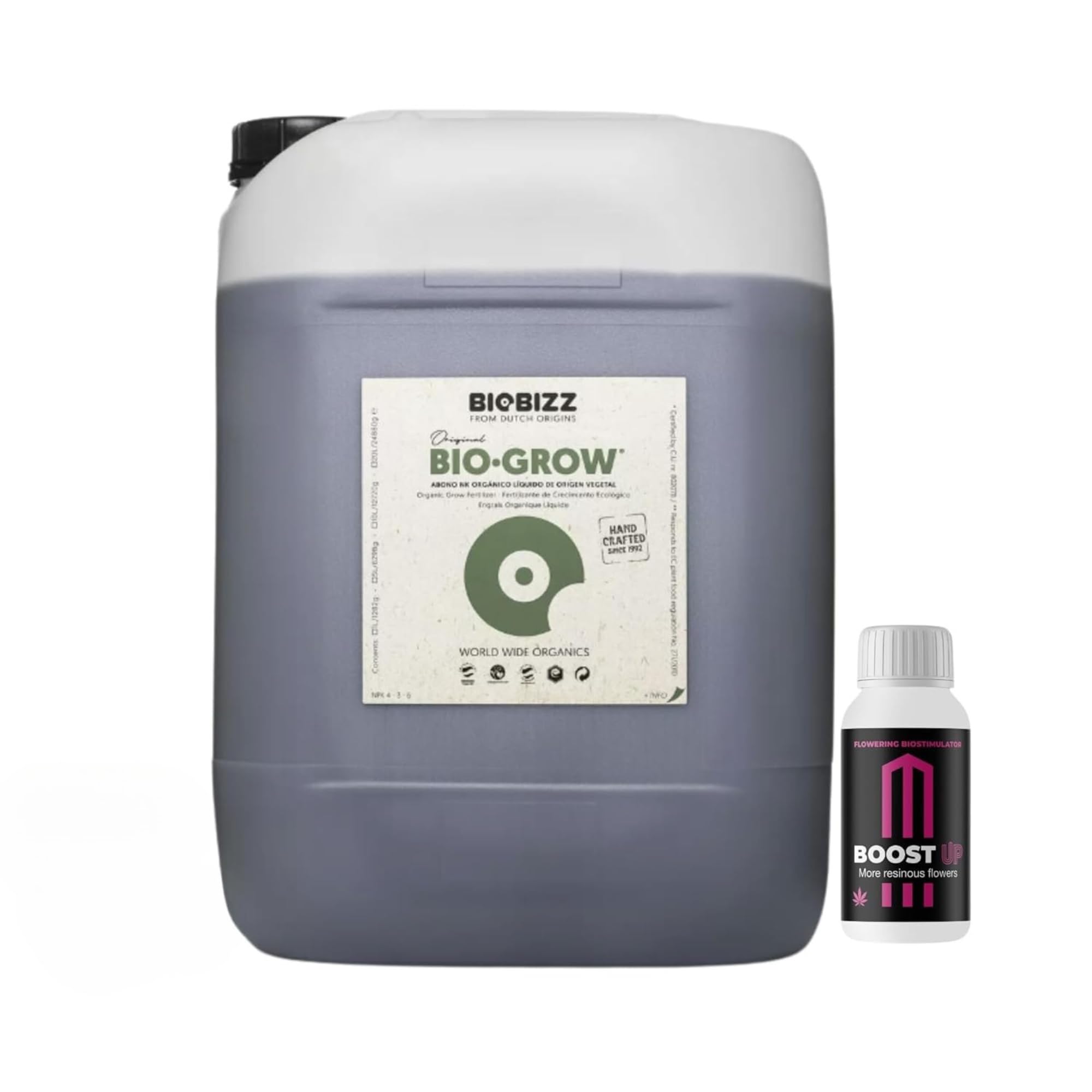 GROWMANIA Fertilizante Bio Grow de BioBizz 5 L + Muestra Boost Up de Up Nutrients + Vaso Medidor | Abono 100% Orgánico para Etapa de Aumento de Plantas y Cultivos | Sustrato Natural Todo Tipo Tierras