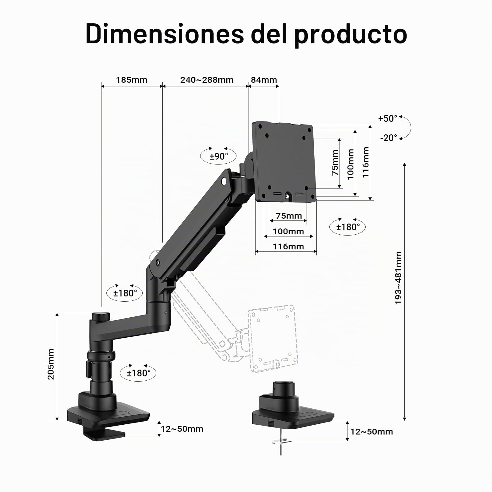Wiltec Soporte para Monitor de 17" - 49" hasta 20 kg de Capacidad de Carga, Ajustable, Montaje de Pantalla Curva Brazo para Monitor con Placa VESA