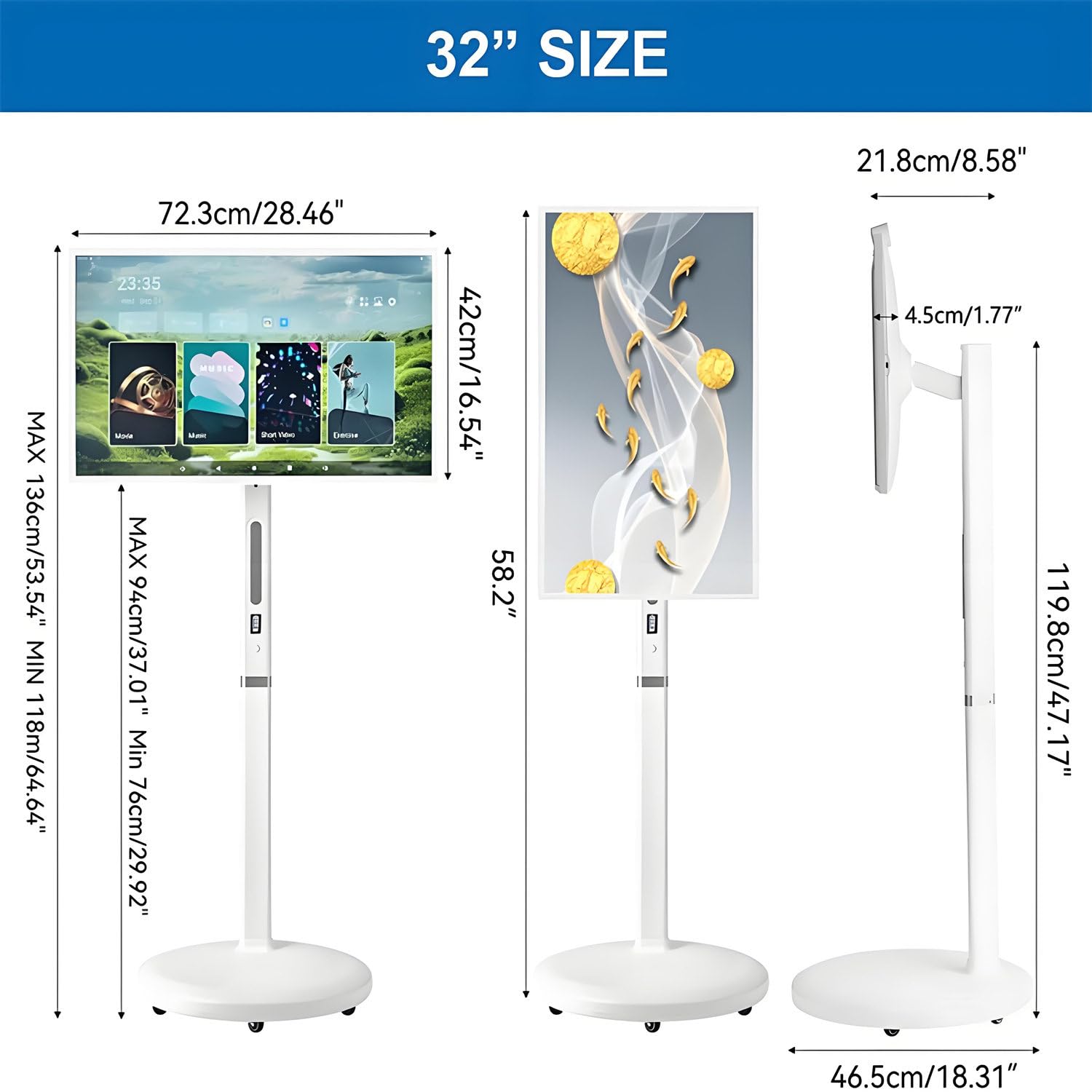 Smart Tv Portátil Pantalla Táctil, Tv Inteligente Portátil E Inalámbrica 1080p, S istema Operativo Android, 8Gb Ram + 128Gb Almacenamiento Y Soporte Suelo Ajustable Pantalla Grande 32inches