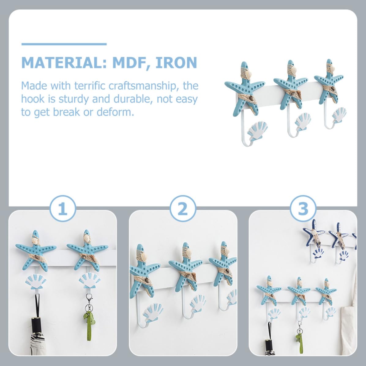 Perchero Práctico para Embellecer el Hogar y Pasillos Gancho Estilo Mediterráneo de Pared Colgante con Diseño de Figura Marina, Material Mdf y Hierro