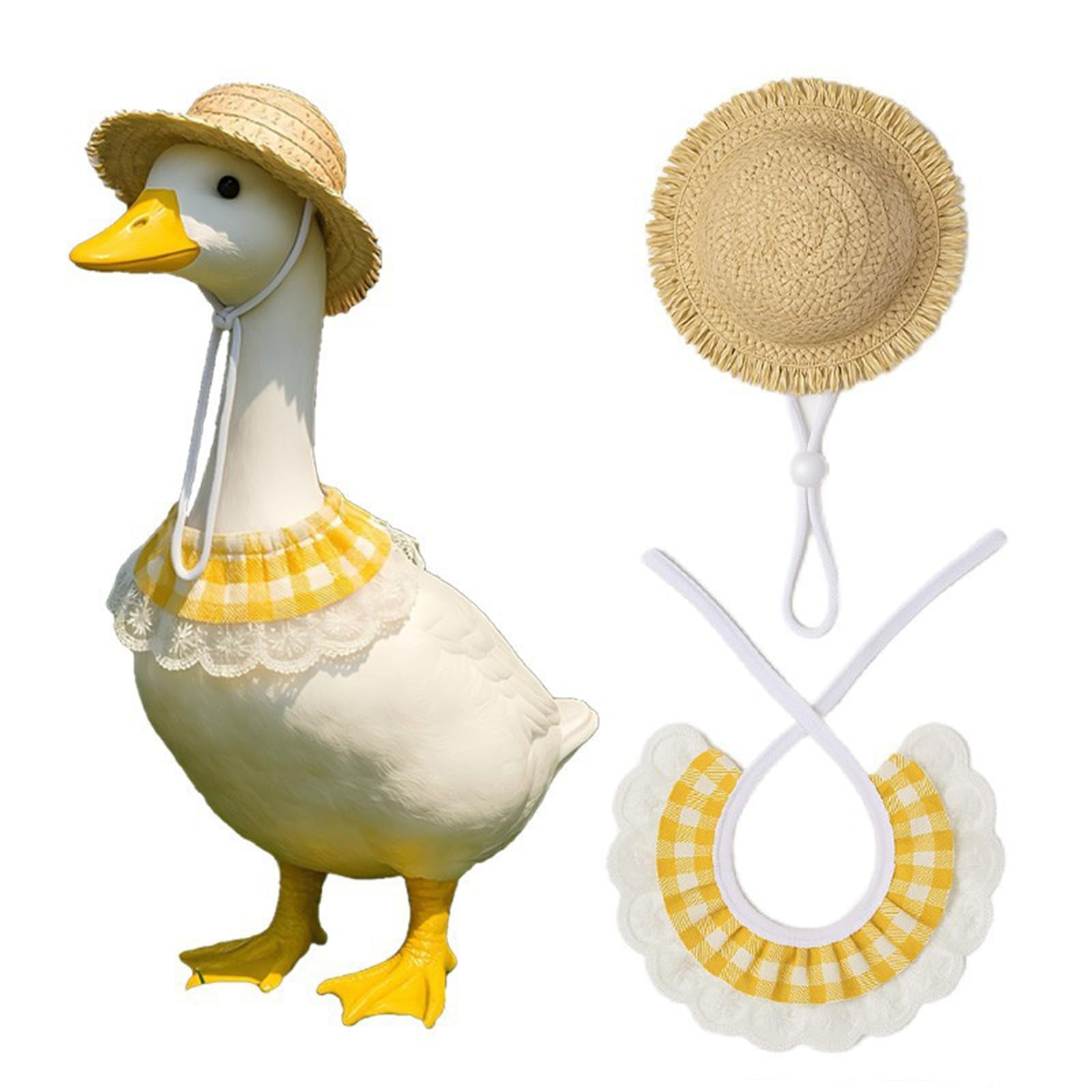 BDSHGRDH porch goose， Summer Porch Goose Outfit Lace Trim Plaid Bandana and Straw Hat Lawn Statue Clothes