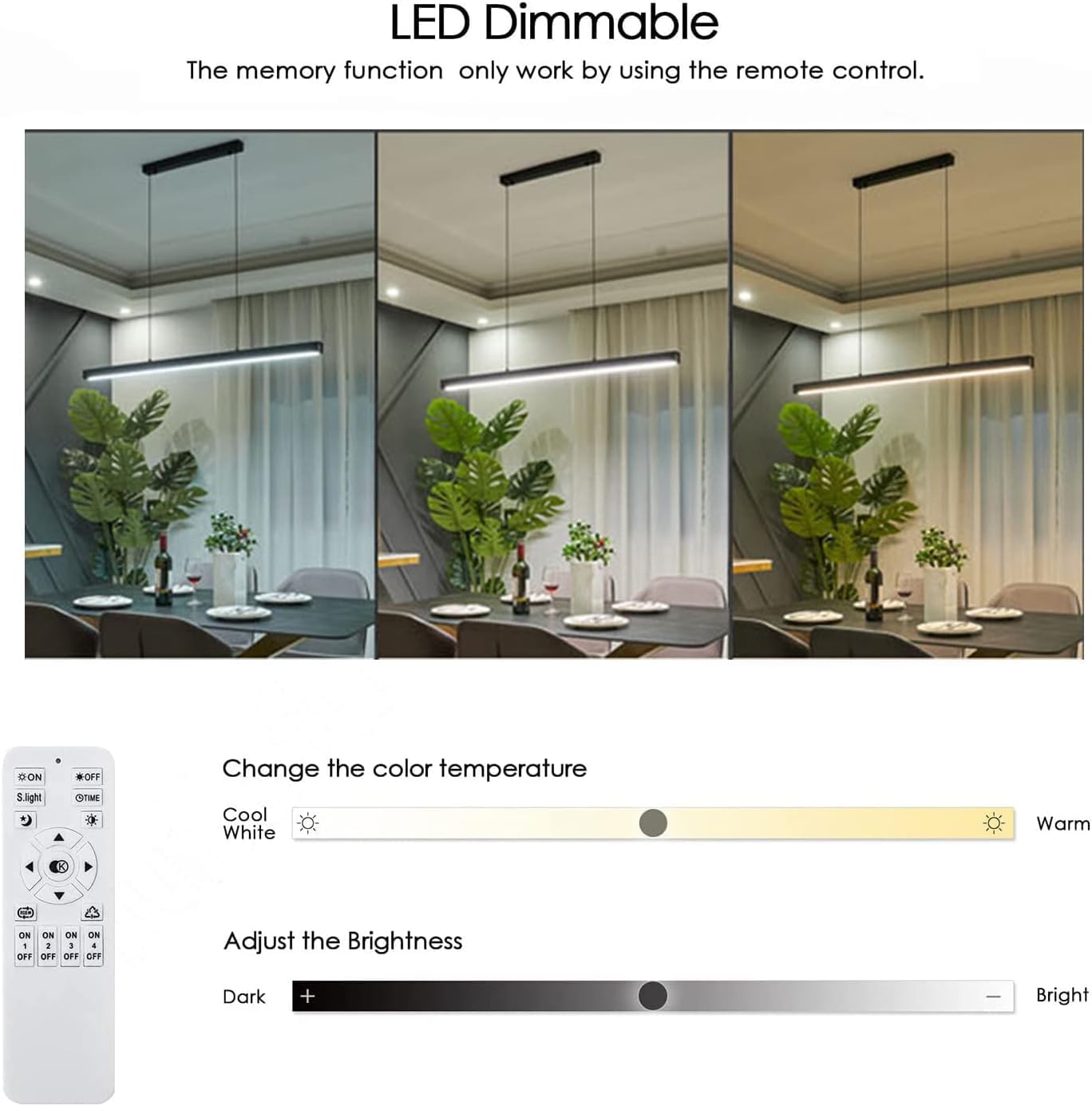 Moderna LED Lámpara colgante negra lineal largo, iluminación colgante regulable con control remoto 3000K - 6000K, lámpara de araña altura ajustable para comedor, cocina, sala, recamara (100cm)