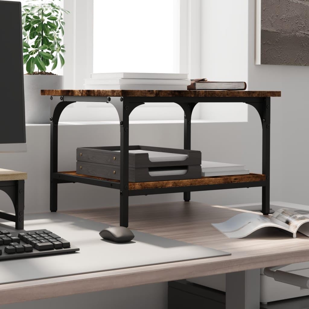 Druckerständer Räuchereiche mit 2 Ablagen 50x40x38 cm Holzwerkstoff und Stahlrahmen, mobiler Druckertisch mit Rollen, Ablagefach für Büroorganisation und Homeoffice Nutzung