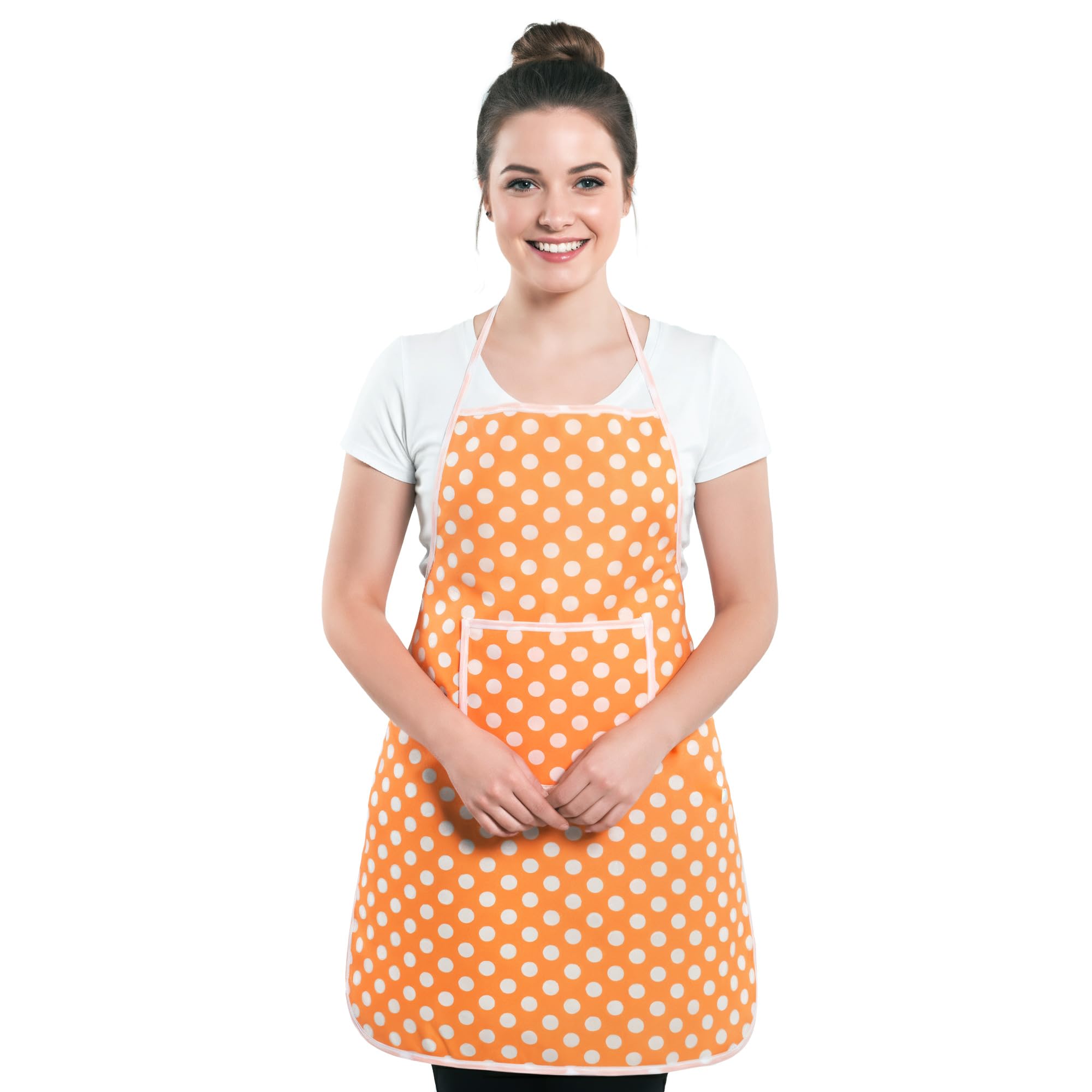 Kuber Industries Polyester Apron for Kitchen with Front Pocket | Cooking Aprons for Women & Men - Ideal for Home & Restaurant | Dot Print - Orange