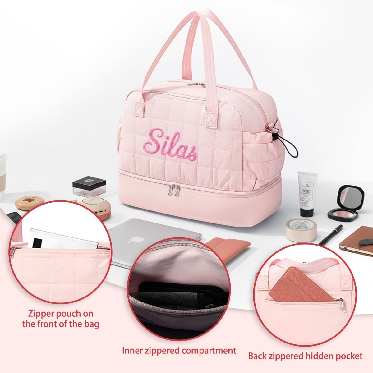 Ulico Personalized Travel Duffel Bag with Embroidered Name ，Custom Large Gym Tote Bag for Women with Shoe Compartment, Carry on Bags for Airplanes,Hospital Bag for Labor and Deliver（white green）