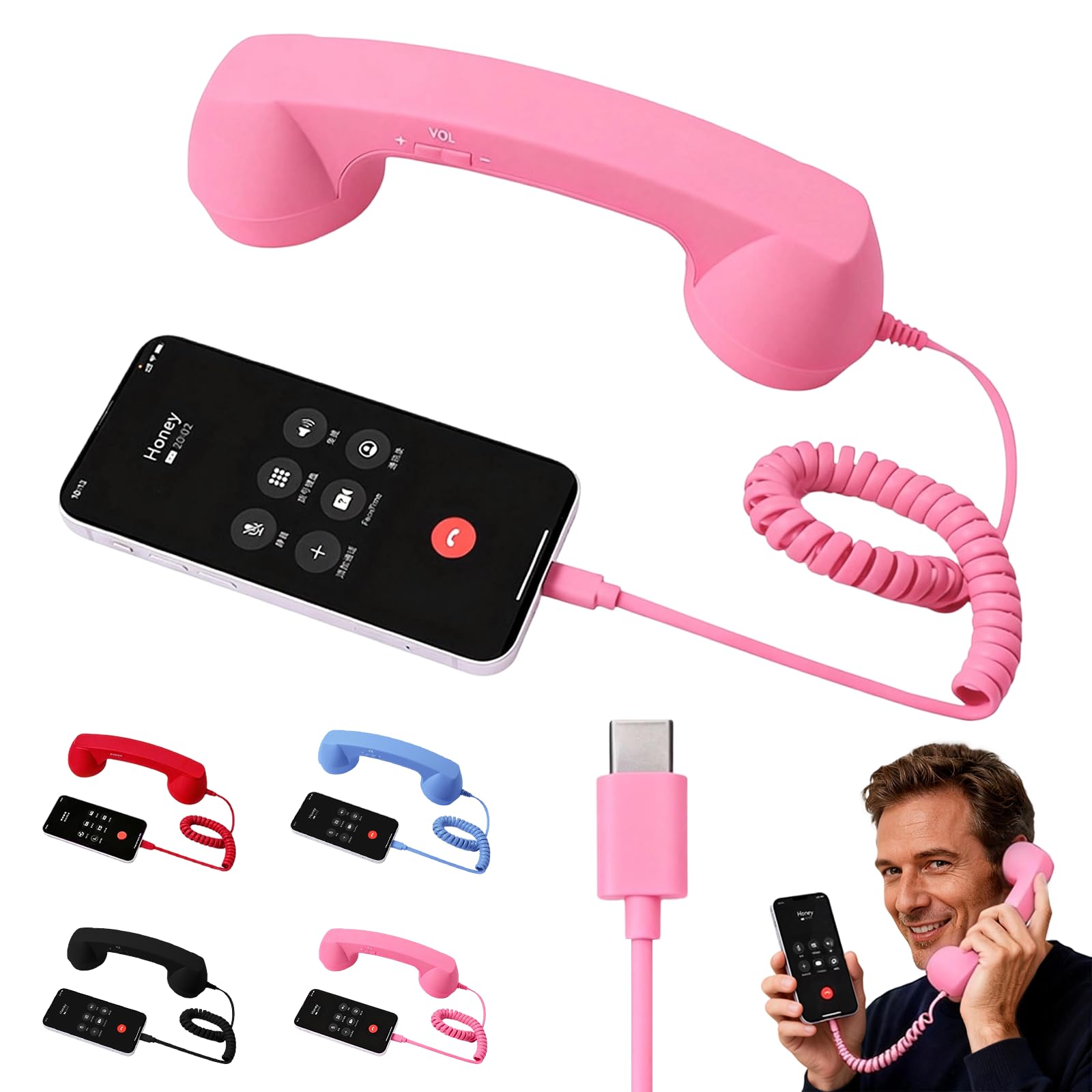 Retro Phone Handset for iPhone & Android, 2026 New Type-C Wired Receiver with Microphone & Speaker, Vintage Landline Style Handle for Noise Cancelling Calls, Meetings, and Home Office Desk Use (Pink) - 1