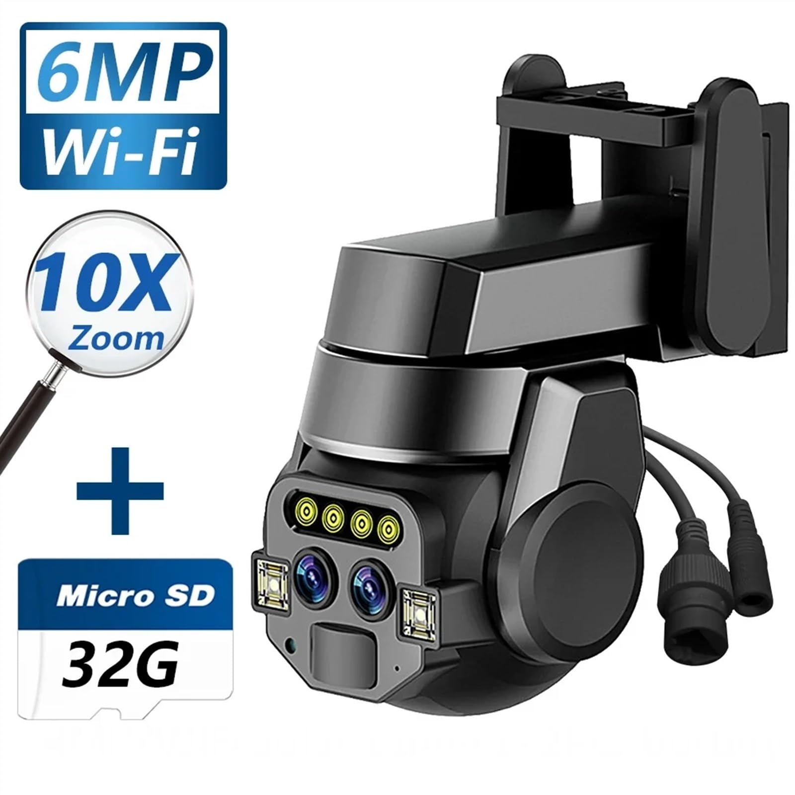 Kamera bezpieczeństwa, Kamera z podwójnym obiektywem 6 MP HD 10-krotny zoom Zewnętrzny PTZ AI Detekcja mobilna Inteligentne śledzenie Kolorowe światło Monitorowanie noktowizyjne(6MP Camera Add 32GB)