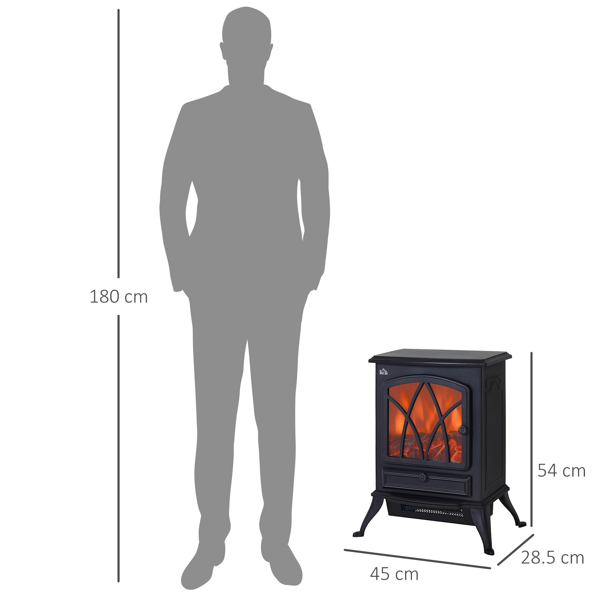 HOMCOM Camino Elettrico con Effetto Fiamma Stile Retrò, Caminetto Elettrico 1000-2000W con Termostato, Protezione da Surriscaldamento e Luce Regolabile, Nero