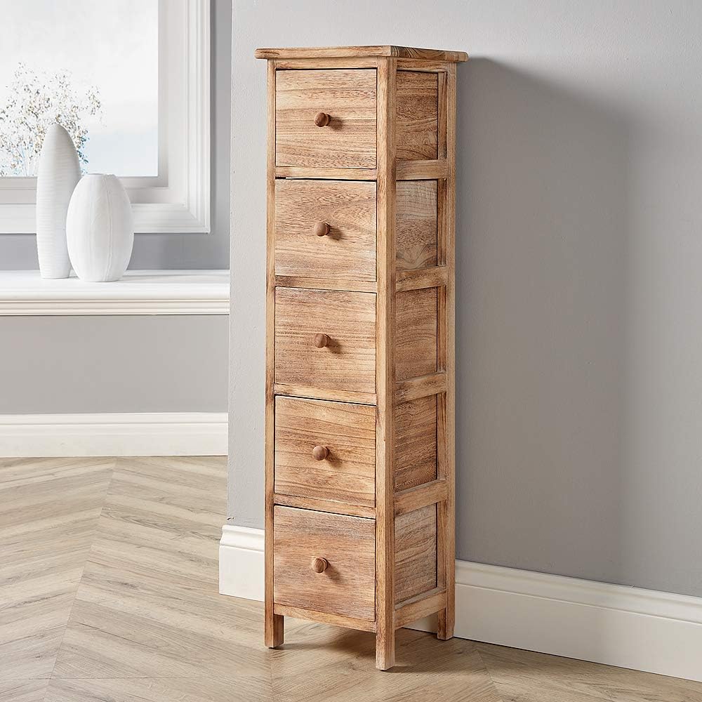 Home Source Natural Wooden Chest Tallboy Storage Unit Bedroom Organiser
