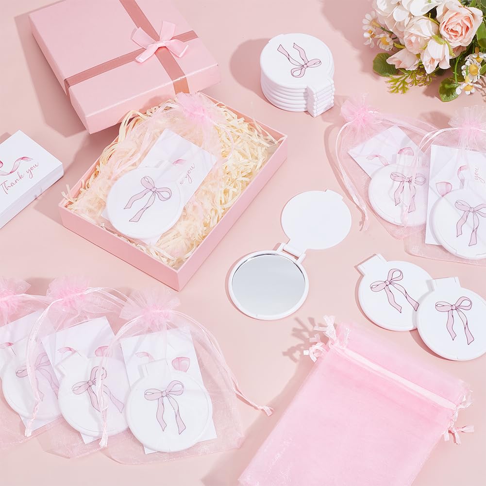 FREEBLOSS 50 Set Rosa Taschenspiegel Mit Schleife 50 Dankeskarten Und 50 Organzabeuteln – Ideal als Gastgeschenk Für Hochzeiten Geburtstage Und Babypartys. 2.4" x 2.8"