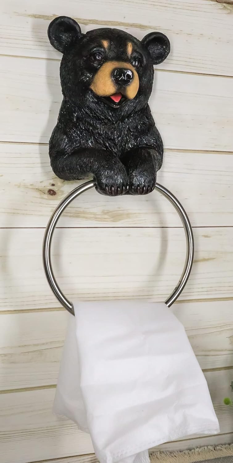 Ebros Gift Rustic Forest Whimsical Black Bear Holding Hand Towel Holder Ring Wall Hanging Powder Room Bathroom Accessory Cabin Hunting Mountain Lodge Country Powder Room Sculpture