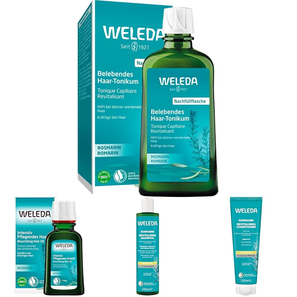 WELEDA Bio Rosmarin Haarpflege Set - Naturkosmetik All-In-One Set mit Rosmarin Haartonikum, Haaröl, Shampoo & Conditioner